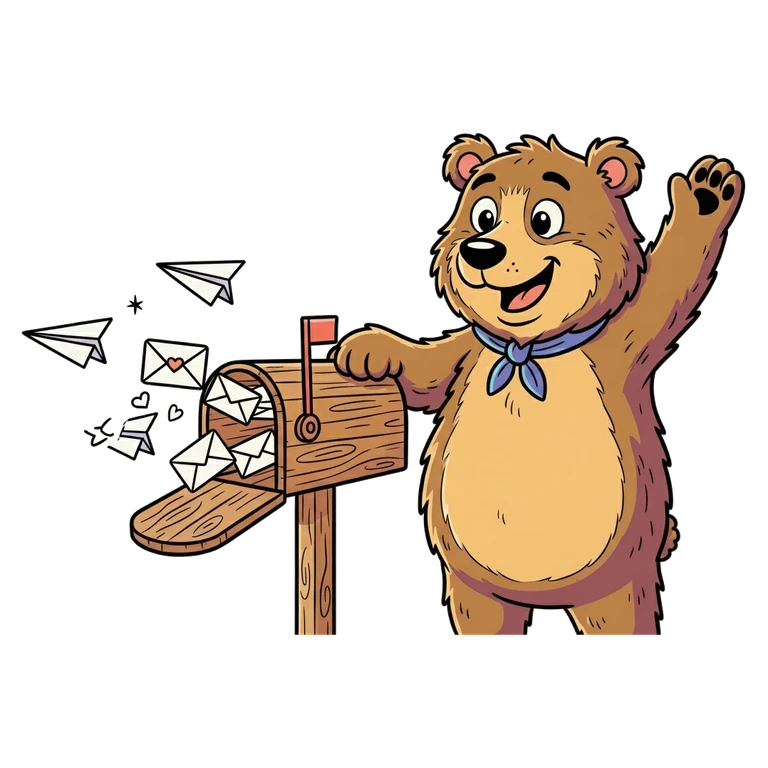 Bear with mailbox and flying letters