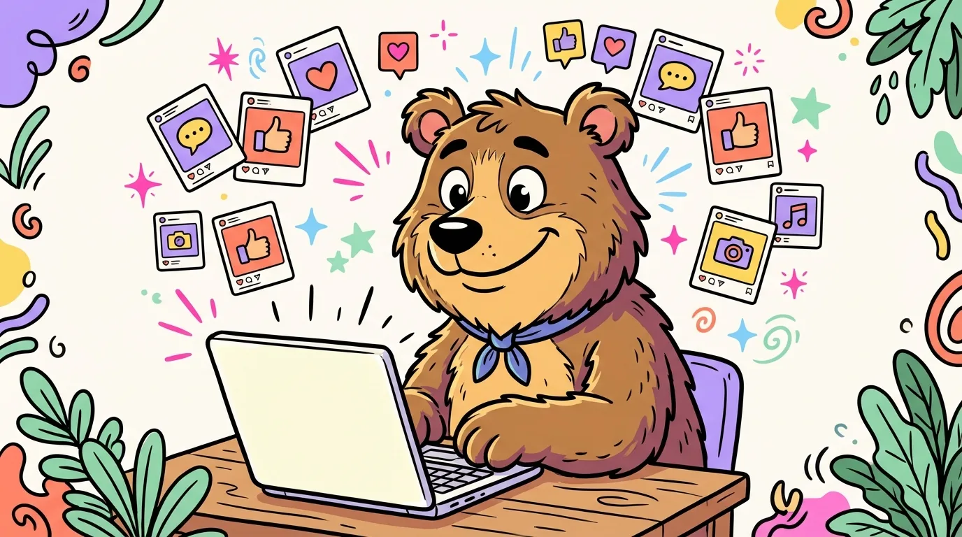 Cartoon bear at a laptop with social media post cards floating around